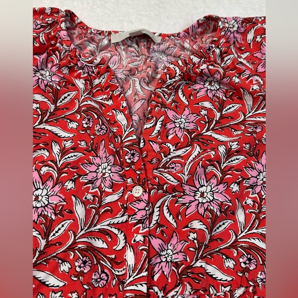 LOFT Red and White Boho Preppy Floral Tiered Ruffled Midi Dress with V-Neck - Picture 14 of 14